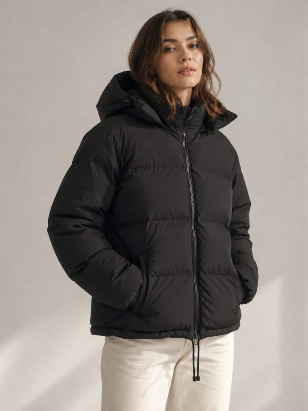 Good American Black Cropped Puffer Jacket Detachable Hood Size 2 Medium
